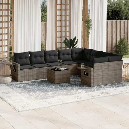 THOYTOUI 10-TLG. Garten-Sofagarnitur, Gartengarnitur Set Biergartengarnitur Outdoor Furniture Gartenlounge Outdoor Geeignet für Veranda Terrasse Balkon Garten mit Kissen Grau Poly Rattan