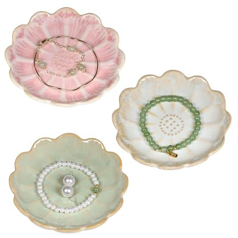 YoHyien 3 Pièces Ceramique Coupelle Bijoux, Décoratif Vide Poche Entree, Forme de Fleur Plateau Bijoux, Decorative Bowl Jewellery, Plateaux à Bijoux pour Bibelot, Bague (Rose + Vert + Blanc)