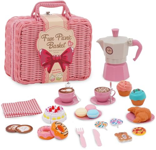 Kit de pique-nique avec couverture, gâteau découpable, mallette de transport, dessert, machine à café, cuisine boueuse, extérieur, accessoires de cuisine pour enfants (3-5 ans, rose)