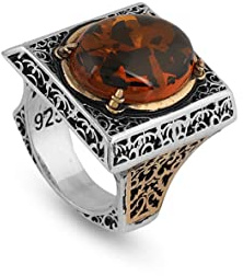 Jewellery Pit - Anello da uomo con ambra, design vintage e pietra ovale in argento lucido 925 - Fatto a mano con incisione, anello di fidanzamento con pietra preziosa (12)