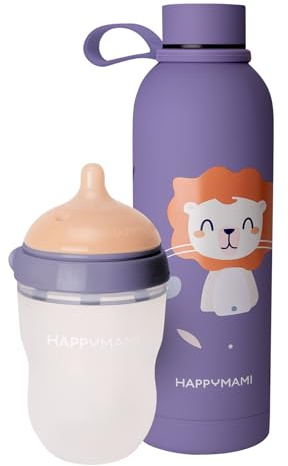 Happymami,Set aus personalisierbarer Babyflasche in Brustform + Thermosflasche für Flüssigkeiten, Fütterungsset für dein Baby,BPA-frei, mit doppeltem Anti-Kolik-System