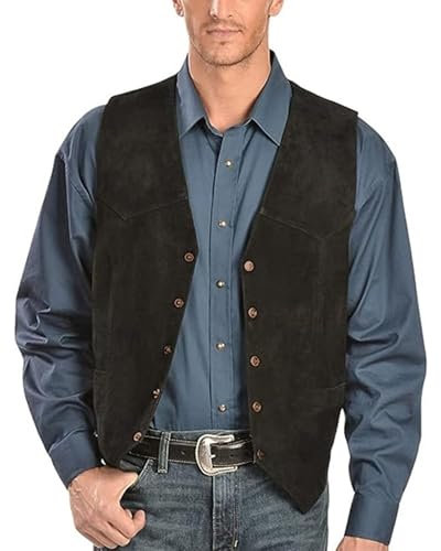 Men Vintage Sleeveless Single Breasted Suit Vest V Neck Button Down Waistcoat Casual Suit Vest Chamois Leather Gilets Lightweight Sleveeless Jackets(Black,M)
