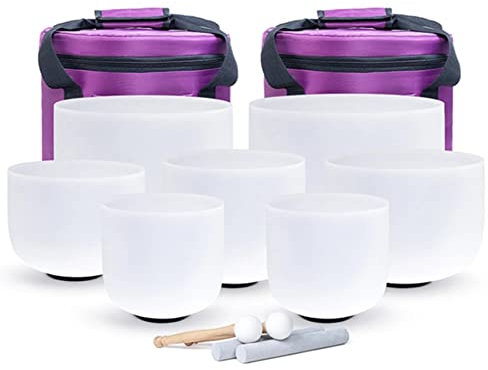 YLFFFZXK Juego de 7 Cuencos tibetanos de Cuarzo Esmerilado de 6 a 12 Pulgadas con 2 Estuches de Transporte y una Exquisita Alfombrilla para Cuencos, Instrumento de curación de Chakras para Yoga, Cura