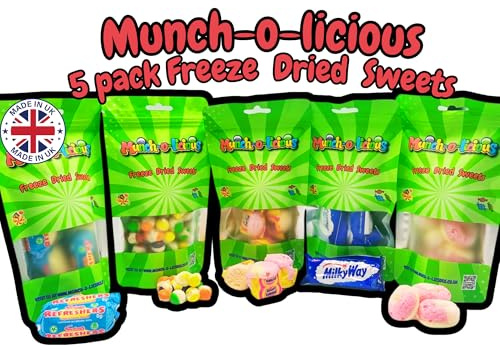 Munch-o-licious Freeze Dried Sweets - 5 Pack Favourite Selection: Mix Fruit, Lemon Refresher, Chocolate, Peach Rings, Fruit Salad - Delicious Freeze Dried Candy Treat - Perfect for UK Sweet Lovers