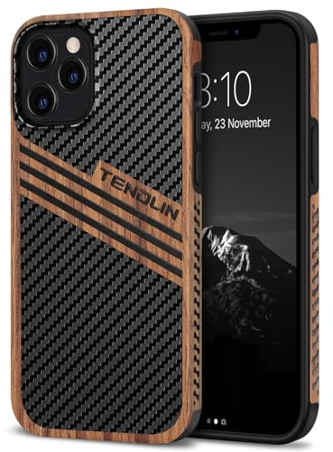 TENDLIN Coque Compatible avec iPhone 12 Pro Max Etui Hybride en Bois et Carbone et Cuir Compatible avec iPhone 12 Pro Max (Stripes)