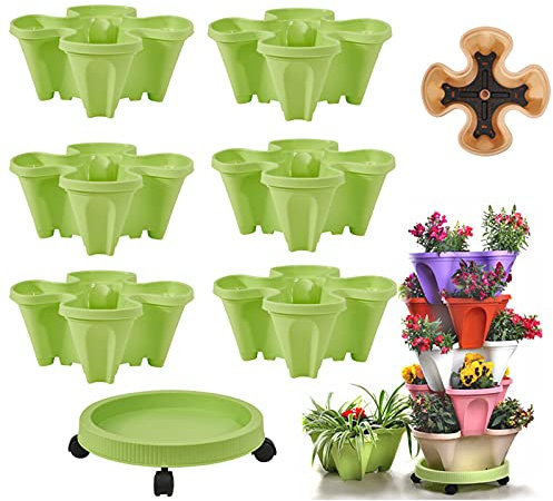 Macetero vertical apilable de 6 niveles para fresas y hierbas, soporte estable y duradero para apilar macetas, color verde