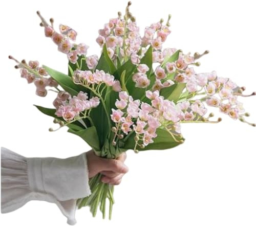 Konstgjord lilja av dalen falsk vit klocka blommor vindspel orkidé, utomhus brud bröllopsbukett för hem trädgård fest 8 st (rosa)