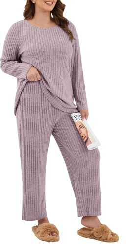 TIANZHU Pigiama taglie forti da donna UK a costine set biancheria da notte a maniche lunghe top gamba larga pantaloni con tasche XL-4XL, Viola, XXL