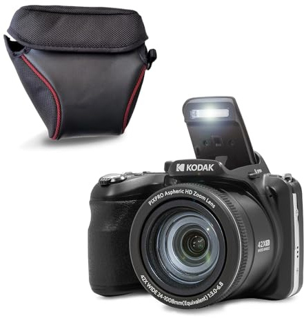 KODAK Pixpro AZ425 Bridgekamera 20 MP mit 42-fachem optischem Zoom + Schutzhülle – Full HD 1080p Video, 24 mm Weitwinkel, Stabilisator, 3 Zoll LCD Display – Schwarz
