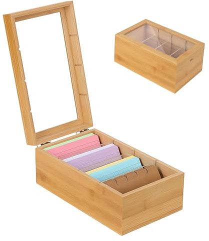 LEKEFETO Scatola per schedari A7, in legno con coperchio, con finestrella trasparente e divisorio, contenitore per schedari di apprendimento, ufficio, scuola (no scheda)