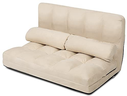 COSTWAY 3 in 1 Bodensofa klappbar, Schlafsofa mit 6 stufig Verstellbarer Rücklehne & 2 Kissen, Sofabett mit Schlaffunktion, Lazy Sofa für Schlafzimmer, Wohnzimmer & Balkon, 150kg Belastbar (Beige)