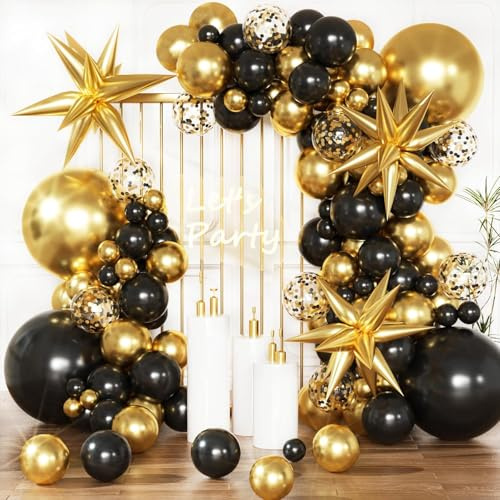 Schwarz Gold Luftballon Girlande,134Pcs Luftballon Girlande Schwarz Gold,Schwarze Gold Luftballons mit Gold Konfetti Ballons,Ballon Girlande für Geburtstagsdeko,Abiball,Partydekorationen Folienballons