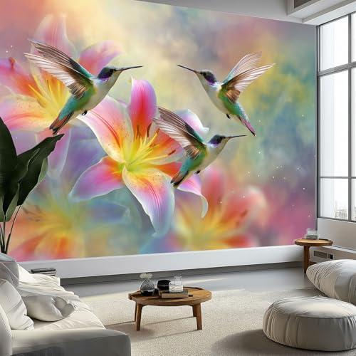 Genérico Estilo Onírico Papel Pintado Efecto 3D 200 x 140 cm, Papel tapiz fotográfico Animal Pájaro Lirio Fotomurales Pared Tejido No Tejido Moderna Decoración De Pared Sala Cuarto Oficina Salón