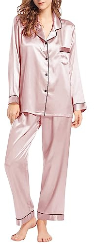 Pijama Mujer Invierno Otoño Seda Satén Conjunto de Pijamas con Camiseta Botones Manga Larga y Pantalón Largo Ropa para Dormir 2 Piezas Top y Pantalones Talla Grande Cómoda Transpirable Loungewear