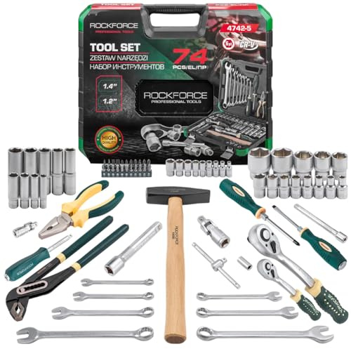 ROCKFORCE Werkzeugkoffer 74-tlg – Universal Werkzeug Set mit Ratschen 1/2 zoll & 1/4 zoll, Stecknüssen, Bits, Schraubenschlüsseln, Zangen & Hammer für Auto, Motorrad und Heimwerker