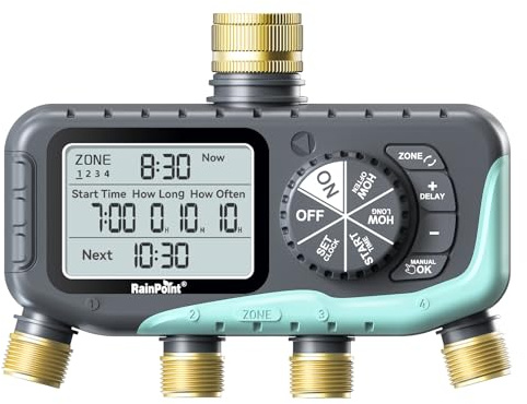 RAINPOINT 4 Zone Water Timer, Brass Inlet & Outlet, IP65 Waterproof Automatic Programmable Irrigation Hose Sprinkler Timer with Rain Delay/Manual Control, for Garden Lawn Watering, Drip Irrigation