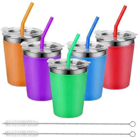 PORFOYO Gobelets En Acier Inoxydable 5 Pièces, Gobelet Avec Paille 350 ml, Gobelets Inox Réutilisables Avec Manchon En Silicone Pour Enfants Et Adultes, Lavable Au Lave-Vaisselle