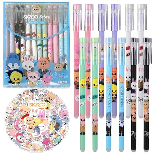 AUNGCSHE 12 Stylo Stray Kids Stylo Effacables, 50 Skzoo Autocollant, 6 Styles Stylo Effacable pour les Fans de Kpop, L'apprentissage, Objets de Collection