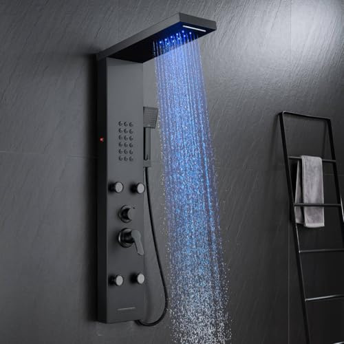 ROVATE LED Rainfall Waterfall Shower Panel, Matte Black Shower Tower with Body Jets and Rainfall and Handheld, Tub Spout, 5 in 1 Black Stainless Steel Shower Column High Pressure
