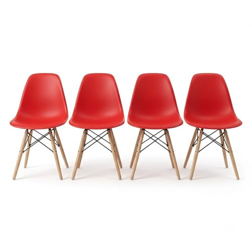 DASCK Pack 4 Sillas Nordicas de Comedor Estilo Escandinavo | Patas Haya Natural | Polipropileno Ergonomico | Carga 120 kg por Silla (Rojo)