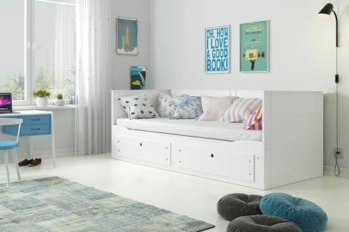 Hermes Letto Estraibile a Scomparsa 80x200 fino a 160x200 cm, Letto a Giorno, Letto Matrimoniale e Divano Letto con 2 Cassetti, in MDF e Legno, Letto per Ospiti, Bambini, Ragazzi e Adulti (Bianco)