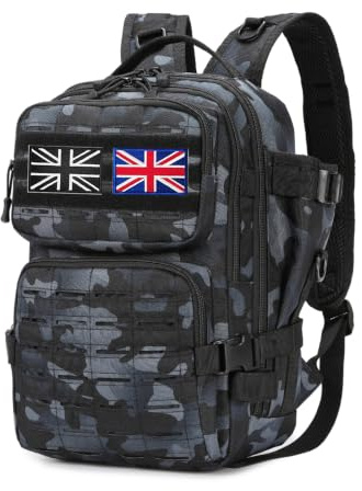 HANWELL 25L Military Tactical Fishing Backpack Tackle Bag with Flag Patches (Camo Grey) | Water Resistant Carryall Storage Bags for Fishing Gear, Rucksack for Men Angling Lure Carp Hiking Camping Travel Hunting