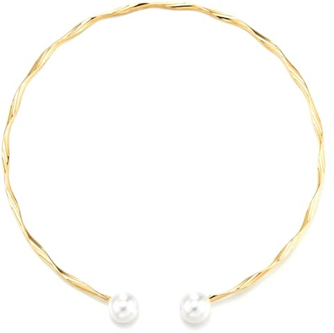 COOLSTEELANDBEYOND Damen Goldfarbene Offene Kragen Halskette, Gedrehter Torque Choker mit Perlen Endkappen, Minimalistischer Statement Schmuck