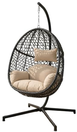 Viron Poltrona Sospesa Da Esterno Ø115x196h cm Dondolo Da Giardino Con Telaio In Acciaio Nero Opaco, Intrecci In Rattan E Cuscino Per Seduta Con Poggiatesta