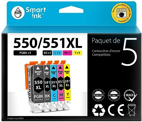 Smart Ink Kompatible Druckerpatronen als Ersatz für Canon PGI 550 XL 550XL CLI 551XL 551 (PGBK & BK/C/M/Y 5 Multipack) für Canon PIXMA iX6850 MG5650 MX725 MG6650 MG6450 MX925 iP7250 MG5550