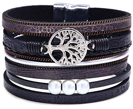 Lederarmband Damen Herren Leder Wickelarmbänder Baum des Lebens Armband mit Magnetverschluss aus Edelstah Bracelet für Frauen & Mädchen (Schwarz)