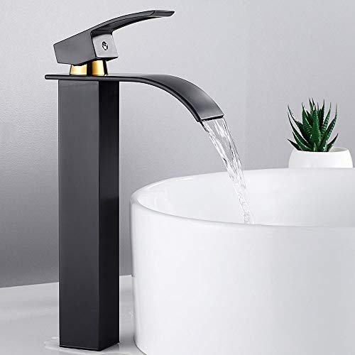 Robinet Lavabo Cascade Mitigeurs Vasque à Poser Robinetterie à Monocommande et Monotrou pour Salle de Bains Bec Aplati en Laiton Chromé (or noir)