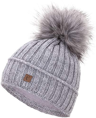Faera Wintermütze Damen Mütze gefüttert mit Kunstfell Bommelmütze Mädchen Fleecefutter Winter Strickmütze Beanie Herren 34, Farbe:Hellgrau
