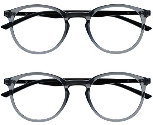 OPULIZE Met Lesebrille 2er Pack Schlank Runder Rahmen Federscharniere Kratzfest Transparent Grau Schwarze Bügel Herren Damen RR60-7 +1.50