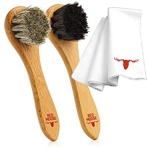 3pc Shoe Shine Kit - Shoe Brush and Cleaning Cloth Set - [2] Premium Horsehair Cleaning Brushes and X-Large Buffing Cloth - Leather Polish and Care Set for Shoes and Boots - Red Moose