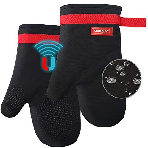 Coziselect Oven Gloves, Heat Resistant Gloves, Silicone Non-Slip Design, Magnetic Design, Suitable for Cooking, Baking, Grilling, Black