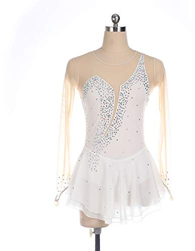 Robe De Patinage Artistique Concours Personnalisé Jupe De Patinage sur Glace pour Fille Femmes Enfants Gymnastique Performance,White-XL