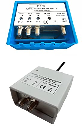 Vsnetwork Kit Amplificatore Antenna TV da Palo 40 dB + Alimentatore 12V 100 mA, Filtro Lte/5G, Regolabile