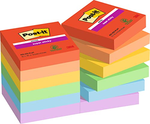 Post-it Super Sticky Notes Playful Collection, Packung mit 12 Blöcken, 90 Blatt pro Block, 47, 6 mm x 47, 6 mm, Rot, Orange, Gelb, Grün, Blau, Lila - Extra-stark klebende Notizzettel
