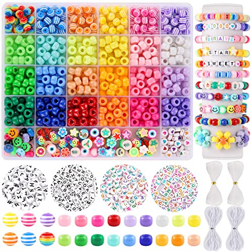 Funtopia Pony Beads für Kinder Mädchen, 1170 Stück 18 Farben Bunt Pony Perlen zum Auffädeln, Perlenset 9mm mit 460 Buchstabenperlen, Smiley Gesicht Perlen, Streifenperlen für Schmuck DIY