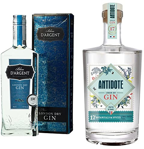 Bleu d'Argent - London Dry Gin - Coffret avec bouteille et étui cadeau (1 x 0.70 L) & Antidote Gin Original - Produit en France à partir de raisins français - 17 plantes aromatiques - 40% (1 x 0,70 L)