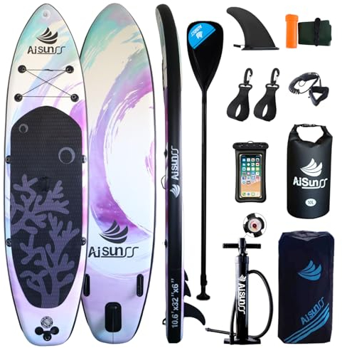 AISUNSS Aufblasbare Stand Up Paddle Boards mit Premium SUP Paddle Board Zubehör, 10L wasserdichter Dry Bag, Wide Stable Design, Rutschfestes, bequemes Deck für Jugendliche