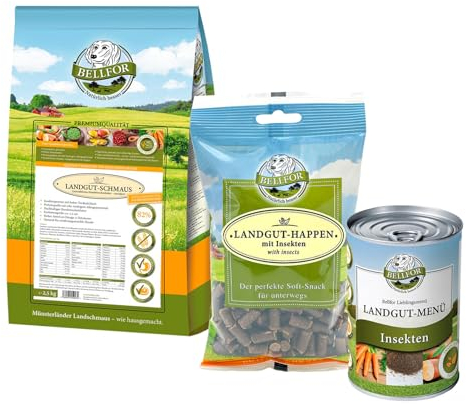 Bellfor Set Cibo per Dalmata Cibo Umido ipoallergenico di Alta qualità Senza Cereali 2 x 400 g e Cibo Secco con Insetti 2,5 kg con Snack Morbidi 200 g