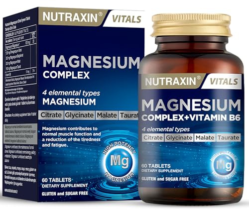 Nutraxin 4-in-1 Magnesium Complex (125g Elemental) + Vitamin B6 for Energy, Muscle Function, Bone & Fatigue - 60 Tablets with Magnesium Citrate, Bisglycinate, Malate & Taurate - Vegetarian Formula