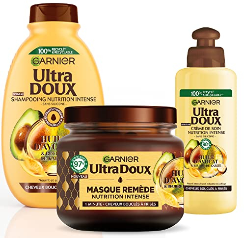 Garnier Ultra Doux - Routine pour Raviver les Boucles des Cheveux Secs, Bouclés à Crépus - À l'Huile d'Avocat et Beurre de Karité - Shampooing, Après-Shampooing et Masque - Homme & Femme