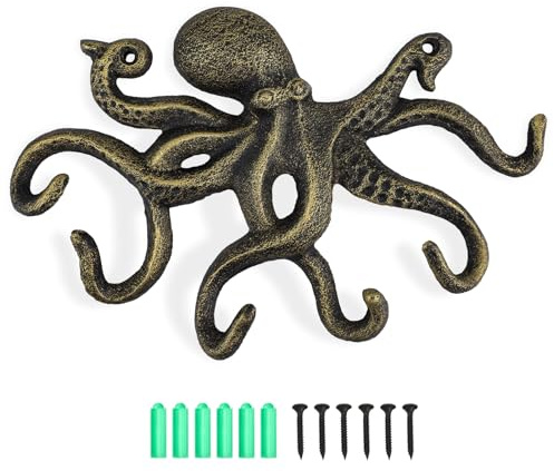 efuturetime Vägghängande krokar av bläckfisk, rustik väggkrok med skruvar, vintage metallklädkrokar för att hänga kläder nyckel hattar väskor, guld-svart