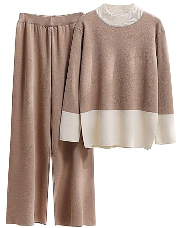 Pullover Damen Gestreifter Pullover für Damen im Herbst und Winter Einfarbiger Pullover Lockere Lässige Hose mit Weitem Bein Strickpullover Oberteil Hose Zweiteiliger Anzug Sweater Damen