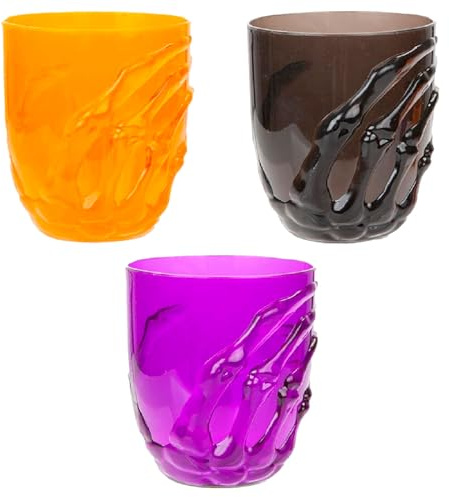 Tradineur Lot de 3 gobelets en plastique avec motif main squelette, pour Halloween, Ø 9 x 10 cm, couleur aléatoire