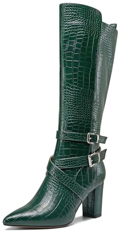 HEUIVZAR Damen Chunky Blockabsatz Absatz Heel Spitze Zehenkappe Kniehoch Stiefel Dress Lässig Reißverschluss Schnalle Mid Calf Schuhe 8 CM Heels