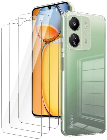 LYZXMY Funda para Xiaomi Redmi 13C(6.74) Transparente Carcasa +3 Protectores de Pantalla de Vidrio Templado, Carcasa Suave de Silicona TPU, dureza 9H, Protector de Pantalla de Vidrio Templado