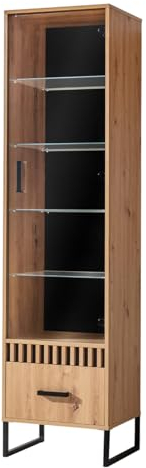 MINIO go for it - Vitrine mit Schublade Melle, 50x196x40 cm, Glas Tür und 4 Glaseinlegeböden, Metallfüße, Metallgriffe, Dekorpaneel - Artisan Eiche/Schwarz Matt, ohne LED-Beleuchtung